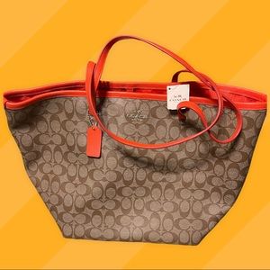 NWT Coach Large Brown Signature Canvas & Orange Leather Satchel Tote